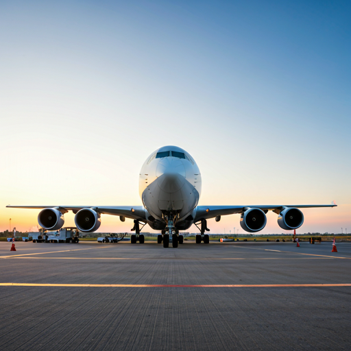 Cargo airplane being loaded at sunset